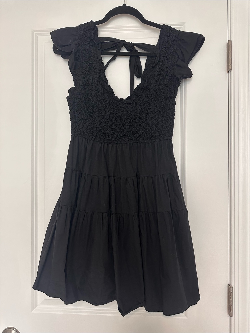 En Saison Black Smocked Tie-Back Tiered Mini Dress